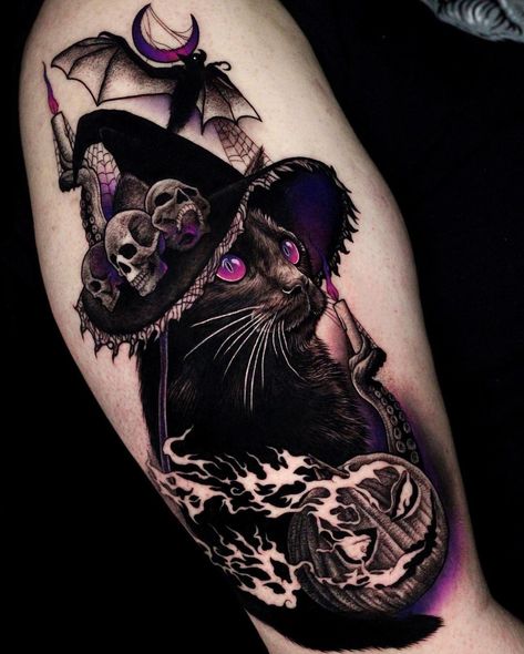 Color And Black Tattoo, Witchy Cat Tattoo, Rip Tattoos For Mom, Halloween Tattoo Ideas, Halloween Tattoos Sleeve, Feminine Skull Tattoos, Catrina Tattoo, Wiccan Tattoos, Feminine Tattoo Sleeves