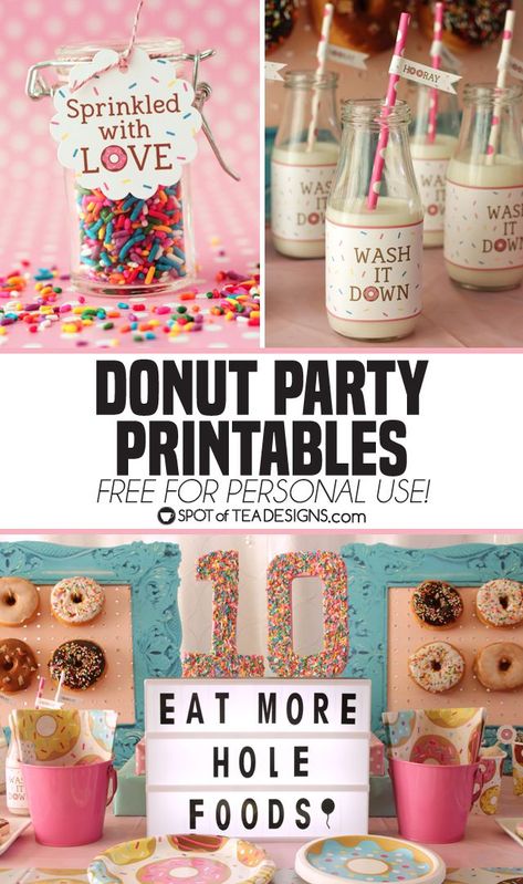 Donut Party Printables Free, Coffee And Donuts Party, Donut Seeds Free Printable, Donut Party Food Ideas, Donut Grow Up Party, Donut Theme Party, Doughnut Party, Donut Birthday Party, Donut Themed Birthday Party