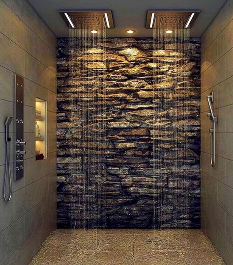 Natural Stone Bathroom, Shower Remodel Diy, Bathroom Shower Design, Outdoor Fireplaces, Rustic Bathroom Designs, Stone Bathroom, Luxury Shower, Stone Walls, Dream Bathrooms