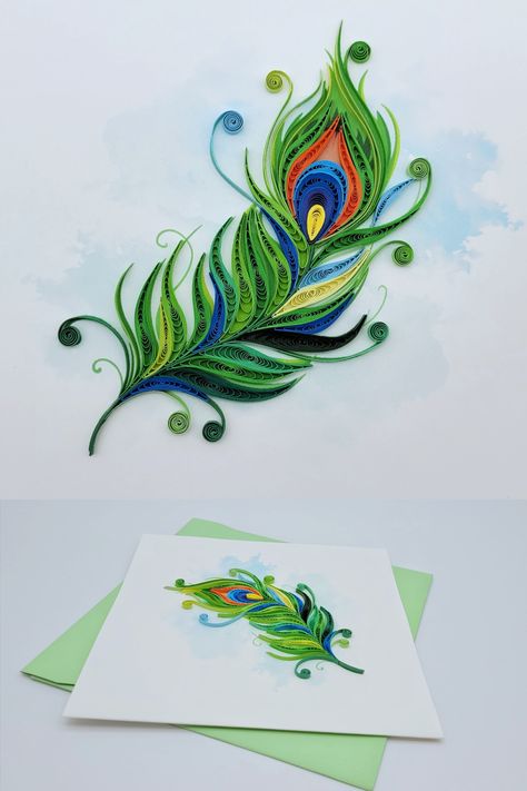 Radha Krishna Quilling Art, Quilled Peacock Feather, Quilling Feather, Peacock Quilling, Floral Quilling, Quilling Birds, Interiors 2023, Feather Template, Rolled Paper Art