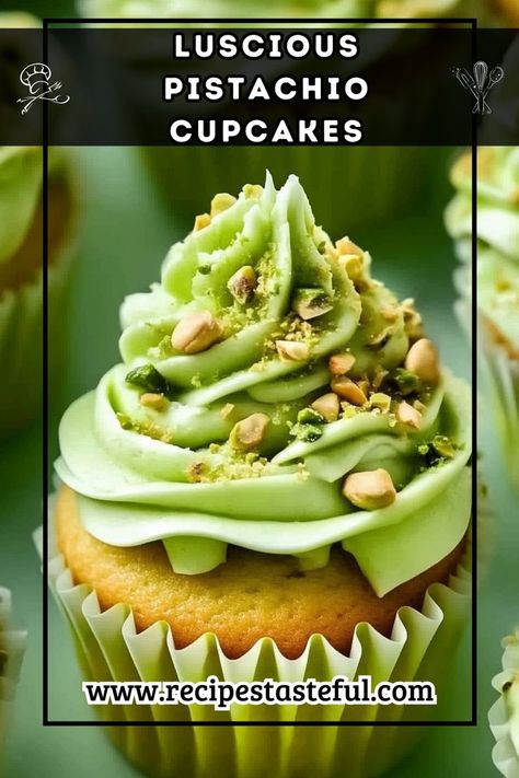 Delightful pistachio cupcakes topped with creamy vanilla buttercream frosting and garnished with chopped pistachios, these treats are perfect for any occasion. Pistachio Buttercream, Pistachio Cupcakes, Colourful Food, Pistachio Recipes, Pistachio Cream, Filled Cupcakes, Vanilla Buttercream Frosting, Cupcakes Recipe, Green Food Coloring