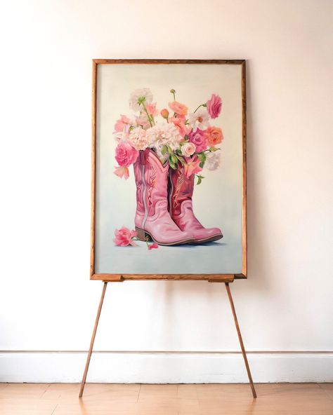 Pink Cowgirl Boots Art Print Coastal Cowgirl Decor Western Aesthetic Home Decor Country Dorm Room Wall Art Boho Girly Painting Poster Western Aesthetic Home, Country Dorm Room, Cowgirl Boots Art, Western Interior Design, Coastal Cowgirl Decor, Boots Art, Western Interior, Dorm Room Wall Art, Cowgirl Decor