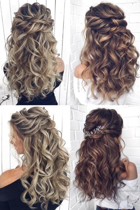 Half Up Wedding Hairstyles With Hair Piece, Bridesmaid Hair Big Curls, Half Up Do Front View, Wedding Half Up Hair With Veil, Long Bridal Hair With Veil Loose Waves, Curl Bridal Hairstyles, Bridal Hair Down And Curled, Hollywood Curls Half Up, Curly Bridesmaid Hairstyles Half Up