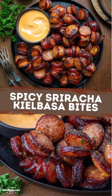 Spicy Sriracha Hasselback Kielbasa Bites are bite-sized pieces of kielbasa cut in a Hasselback style to hold creamy, tangy, and spicy Sriracha mayo. They’re easily cooked in an air fryer until crispy, but you can also use the oven. Perfect as a snack or appetizer, these bites are sure to be a hit at all your parties and game-day gatherings! Spicy Kielbasa Recipes, Keilbasa Recipes Low Carb, Polish Sausage Appetizers, Hasselback Kielbasa, Spicy Sausage Recipes, Kielbasa Appetizer, Sriracha Mayo Sauce, Kielbasa Bites, Sausage Bites