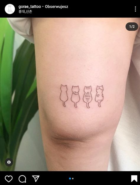 Cat Tattoos Funny, Small Cartoon Cat Tattoo, Back Of Cat Tattoo, 4 Cat Tattoo Designs, Trio Cat Tattoo, Four Cats Tattoo, Small Cats Tattoos, 4 Cats Tattoo, 4 Cat Tattoo