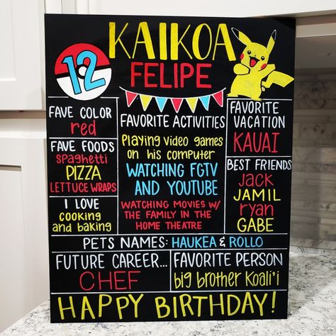 Pokemon Birthday Board. Order for any age! Visit us on Facebook at www.facebook.com/chalkofthetown.usa or Instagram at @chalkofthetown.usa Pokemon Birthday Sign, Pokemon Chalkboard, Pokémon Birthday Party, Pokémon Birthday, Pokemon Poster, Birthday Yard Signs, Pokemon Birthday Party, Nephew Birthday, Video Game Room Design