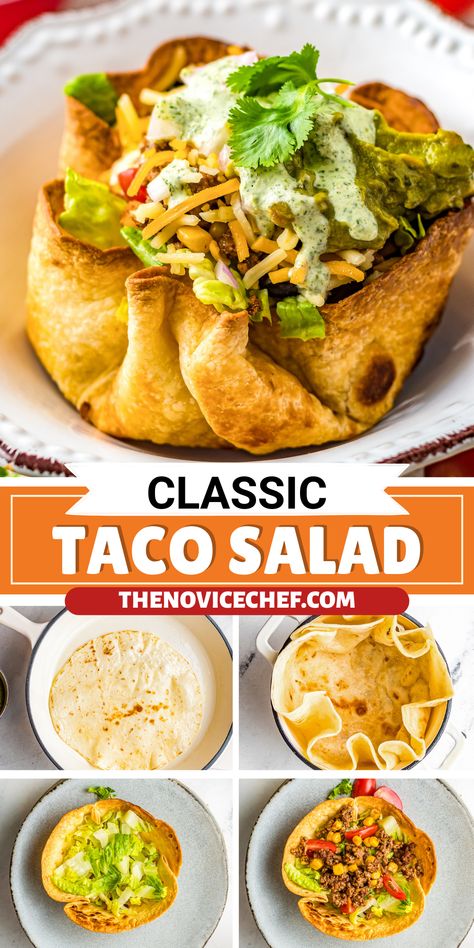 Taco Salad Bowls are so versatile, and great any time of the year. With homemade tortilla taco bowls, they are a crunchy, fresh delight! Add all of your favorite toppings, and dig in. Tortilla Bowls Recipes, Taco Salad Shells, Tortilla Taco, Taco Salad Bowls, Tortilla Bowls, Novice Chef, Homemade Tortilla, Taco Bowl, Crispy Tacos