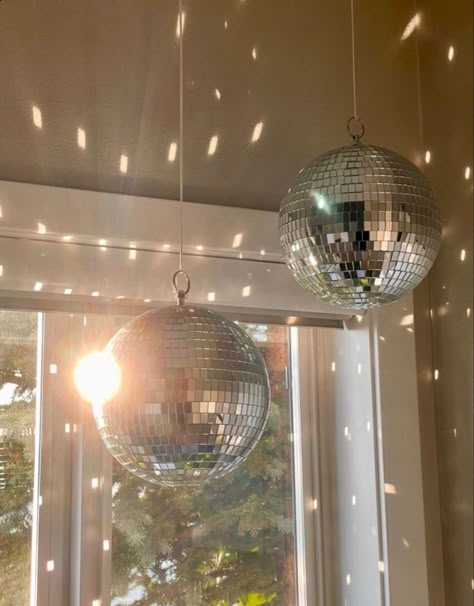 Glitterball Decor, Hanging Disco Balls Bedroom, Disco Ball In Window, Disco Ball Light Effect, Window Disco Ball, Disco Balls In Bedroom, Disco Balls Bedroom, Hanging Disco Ball Decor Bedroom, Disco Ball For Room