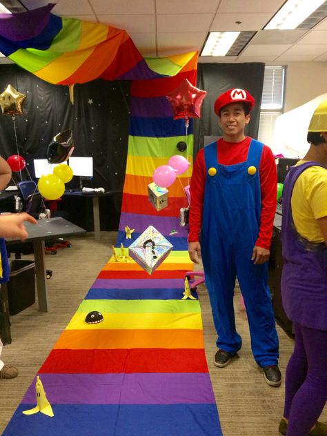 Mario Kart- Rainbow Road themed cubes Rainbow Road Mario Kart Party, Mario Cart Halloween Decorations, Rainbow Road Mario Kart Decorations, Mario Kart Trunk Or Treat Ideas, Super Mario Halloween Decorations, Mario Kart Decor, Super Mario Rainbow Road, Mario Cart Trunk Or Treat, Mario Cart Decorations