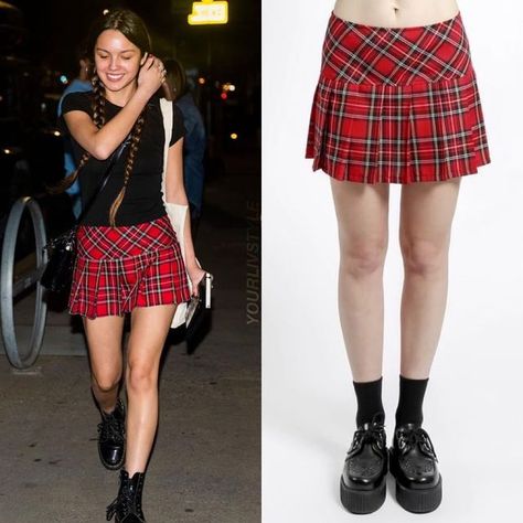 How To Style A Red Plaid Skirt, Red Platform Boots Outfit, Plaid Pleated Mini Skirt Outfit, Olivia Rodrigo Boots, Red Plaid Mini Skirt Outfit, Plaid Red Skirt Outfit, Olivia Rodrigo Plaid, Olivia Rodrigo Skirt, Pleated Plaid Skirt Outfit