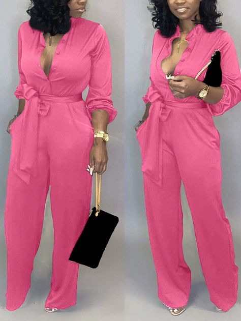 Coral Pink Casual Collar Long Sleeve Woven Fabric Plain Other Embellished Slight Stretch  Women Clothing Coral Jumpsuit, Aliexpress Dresses, Jumpsuit Outfit Casual, Shirt Jumpsuit, Pretty Sandals, Jumpsuit Outfit, Amazon Products, Outfit Casual, Coral Pink