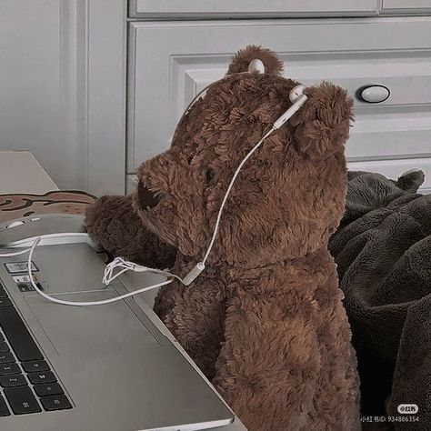 Dark Brown Teddy Bear, Jellycat Stuffed Animals, Music Listening, Teddy Bear Wallpaper, Brown Teddy Bear, Kawaii Plush, Music Aesthetic, Lee Minho, Bear Wallpaper