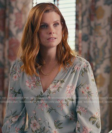 Maddie’s floral v-neck top Sweet Magnolias.  Outfit Details: https://wornontv.net/187930/ #SweetMagnolias Sweet Magnolias Outfits, Maddie Townsend, Joanna Garcia Swisher, Joanna Garcia, Sweet Magnolias, Clothes Wardrobe, Sweet Magnolia, Where To Buy Clothes, Tv Show Outfits