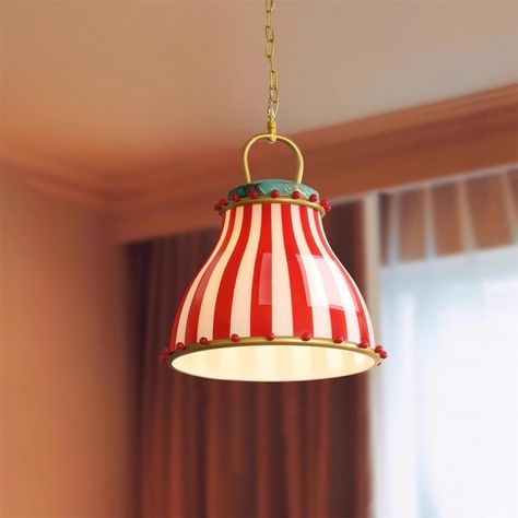 Step right up and introduce a splash of whimsy to your decor with the Circus Glass Pendant Lamp by Docos! This playful piece features bold red and white stripes reminiscent of a big top tent, topped with vibrant accents and a gleaming Gold chain. Perfect for adding a touch of fun and flair to kitchens, dining rooms, or any space in need of a cheerful spotlight. Product Size Size: Dia 33cm x H 37.5cm / ∅ 13″ x H 14.7″ Details Glass Shade. Resin and Glass. Imitation Marble. Colour: Gold, Green, Wh Fun Lamps, Fun Lamp, Green Pendant Light, Kitchen Lamp, Kitchen Island Lights, Living Room Red, Kitchen Lamps, Glass Pendant Lamp, Big Top