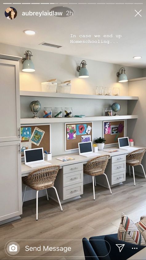 Playroom With Built In Desk, Playroom Ideas With Desk, Homework Center At Home, 3 Person Home Office Layout, Home Office And Homework Room, Kids Room Double Desk, Triple Desk Kids, Home Office Double Desk Ideas, Basement Homework Station