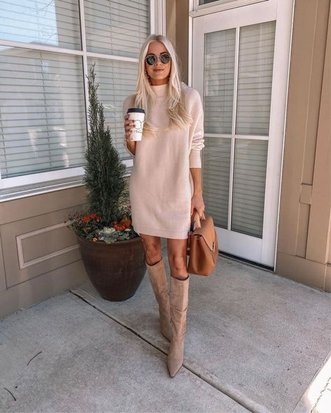 Taupe Boots Outfit, Transitional Fall Outfits, Winter Wedding Attire, Kathleen Post, Knee Boots Outfit, Fall Sweater Dress, Casual Turtleneck, Mock Neck Sweater Dress, Sweater Dress Oversized