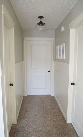 Update Your Hallway ~ 2 Easy Ways! - Have a builder grade home? Here's how you can add character to your hallway with two easy DIY projects! [media_id:2450781]… Craftsman Door Trim, Craftsman Style Trim, Interior Door Colors, Door Diy Projects, Ceiling Lights Diy, Craftsman Style Doors, Stained Trim, Oak Dining Room, Craftsman Door