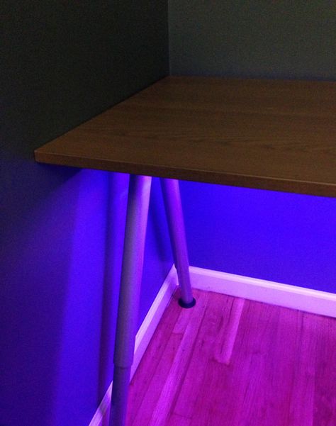 DIODER LEDs from IKEA - Neat idea to place lights under the desk. Hmmm... Under Desk, The Desk, Under The Table, Desk Light, Strip Lighting, Bedroom Design, Decorating Ideas, Led Lights, Desk