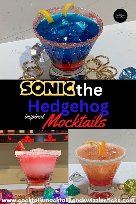 this image shows four different non alcoholic drinks to look like four of the characters from Sonic the Hedgehog including, Shadow, Knuckles, Tails and Sonic himself all with gold rings and jewels scattered around. Sonic Themed Birthday Party, Kids Birthday Food, Hedgehog Food, Disney Drinks, Baby Shower Drinks, Yummy Alcoholic Drinks, Liquor Drinks, Kid Drinks, Rum Drinks