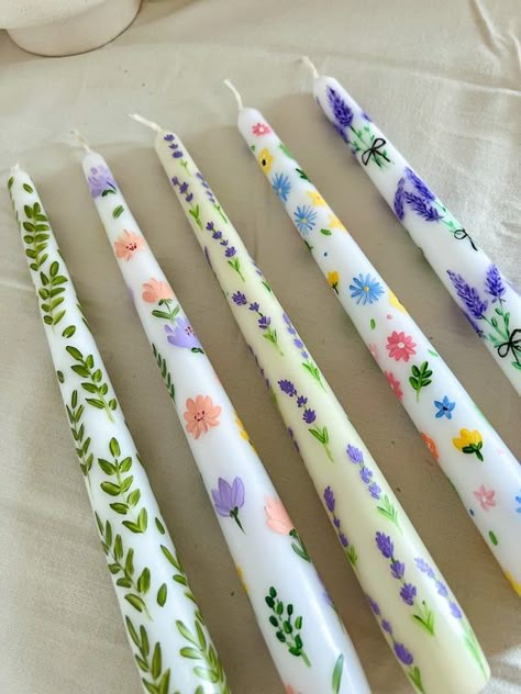 Floral Hand Painted Tapered Candles I Dinner Candles I Wedding - Etsy Thrifting Crafts, Girly Activities, Painting Craft Ideas, College Crafts, Candle Painting, Hand Painted Candles, Preschool Craft, Soya Mumu, Painted Candles