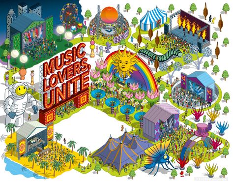 Delta Air Lines’ SKY Magazine commissioned Rod Hunt to illustrate 'Music Lovers Unite', a guide to this summer's music festivals including features on Lollapalooza, Movement Festival, Bonaroo, Ovo Fest, Austin City Limits, Essence Festival, Crash My Player and Moogfest. A vibrant opening spread needed to show the diversity of the different kinds of festivals, while the five spot illustrations focused on more specific details. Festival Map Illustration, Festival Map Design, Summer Festival Illustration, Festival Illustration Art, Fest Illustration, Music Festival Illustration, Festival Map, Oasis Logo, City Festival