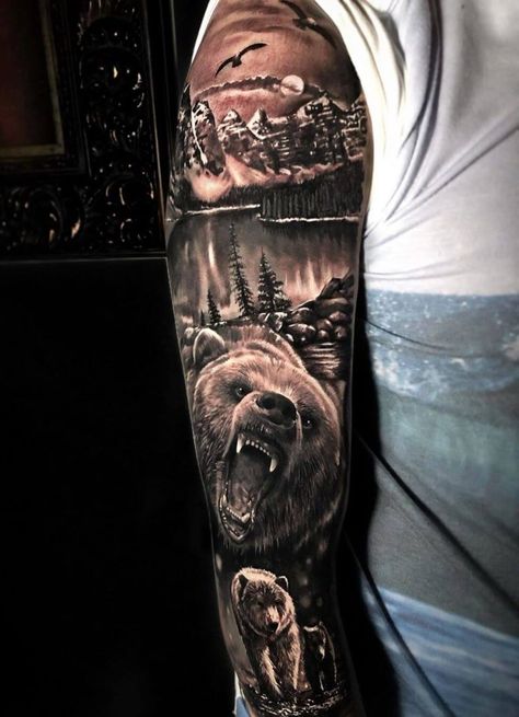 12+ Best Bear Family Tattoo Designs | Page 2 of 3 | PetPress Tsunami Tattoo, Family Sleeve Tattoo, Tattoos Arm Mann, Grizzly Bear Tattoos, Natur Tattoo Arm, Animal Tattoos For Men, Cubs Tattoo, Bear Tattoo Designs, Hunting Tattoos