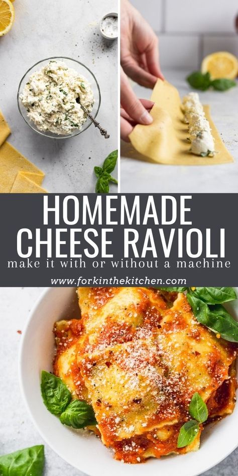 Try your hand at this homemade ravioli recipe! It's easier than you might think, and the flavor is exponentially better! This cheese ravioli is filling is a blend of ricotta and parmesan cheeses with a pinch of nutmeg and lemon zest for flavor tucked away in pockets of homemade pasta dough. Top it with your favorite tomato sauce for a vegetarian dinner-winning combo. Homade Cheese Ravioli, Ricotta Cheese Ravioli Filling, Ricotta Filling For Ravioli, Ravioli Recipe Vegetarian, Homemade Cheese Ravioli Filling, Ravioli Filling Recipe Cheese, Cream Cheese Ravioli Filling, Vegetarian Ravioli Filling, Vegetarian Ravioli Recipe