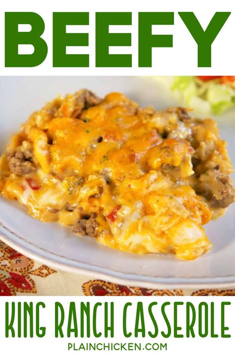 Beefy King Ranch Casserole - tortilla chips, Rotel, meat & cheese = DELICIOUS! The whole family cleaned their plates! Hamburger, taco seasoning, cream of chicken, cream of mushroom, onion, Rotel, Cheez Whiz, hot sauce, worcestershire, tortilla chips, cheddar and mozzarella cheese. Can make ahead of time and refrigerate or freeze. Ready in about 30 minutes. SO delicious! Pokeno Food Ideas, Chicken Cream Of Mushroom, Hamburger Taco, King Ranch Casserole, Rotel Recipes, Easy Mexican Casserole, Cheez Whiz, Ranch Casserole, Casserole Easy