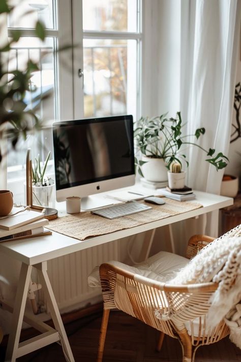 Minimalist Home Office Design Ideas for a Productive Space Minimalist Room With Desk, Work Setup Aesthetic, Women’s Small Home Office, Work From Home Vibes, Work From Home Lifestyle, Work From Anywhere Aesthetic, Home Office Vision Board, Beautiful Offices For Women, Remote Working Aesthetic