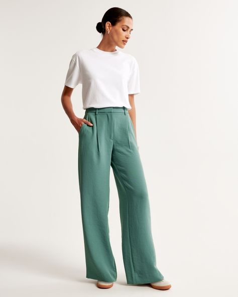 Women's Premium Crepe Tailored Ultra Wide-Leg Pant | Women's Bottoms | Abercrombie.com Hamptons Bachelorette, Wide Leg Pants Outfit, Leg Pants Outfit, Easy Outfits, Orange You Glad, Women's Bottoms, American Clothing, High Rise Pants, Crepe Fabric