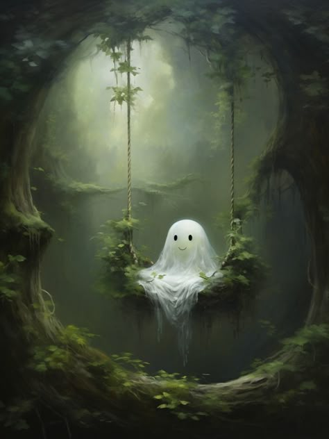 An oil painting of a cute little ghost on a swing. A Ghost, Cute Ghost, In The Woods, Ghost, Trees, Forest, United States, Digital Prints, Halloween