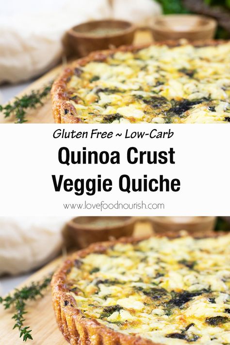 This easy vegetarian quinoa crust quiche is tasty, filling, and delicious. Perfect for those who can't eat gluten or who prefer a lower-carb approach, this quiche makes a great breakfast, brunch, lunch, or simple dinner. Quinoa Crust Quiche, Easy Vegetarian Quiche, Quinoa Quiche, Quinoa Crust, Gluten Free Quiche, Vegetarian Quiche, Vegetarian Quinoa, Gluten Free Crust, Gluten Free Recipes For Breakfast