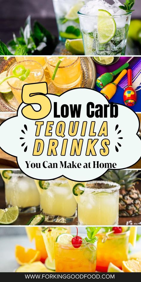 Sip on these 5 Low Carb Tequila Drinks you can make at home! 🍹🥃 Enjoy the flavors of tequila without the guilt, with recipes that are light on carbs but full of taste. Perfect for those looking to indulge in a refreshing cocktail without straying from their low-carb lifestyle. Cheers to delicious and guilt-free drinks! #LowCarbDrinks #TequilaCocktails #HomeMixology #HealthyMixology #RefreshingSips #GuiltFreeDrinks #CocktailRecipes #DrinkInspiration Low Carb Low Calorie Alcoholic Drinks, Zero Carb Alcoholic Drinks, No Carb Alcoholic Drinks, Low Calorie Titos Vodka Drinks, Easy Low Calorie Drinks Alcohol, Keto Tequila Cocktails, Drinks Using Tequila, Low Carb Vodka Cocktails, Low Cal Tequila Drinks