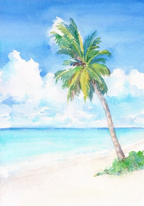 Praia tropical paradisíaca com palmeira. Aquarela mão ilustrações desenhadas. Jamaican Art, Seaside Paintings, Beach Drawing, Tropical Trees, Tree Watercolor Painting, Tropical Painting, Tropical Watercolor, Hawaiian Art, Watercolor Ocean