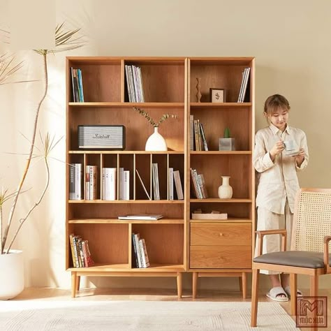 Japandi Bookshelf, Backless Bookcase, Small Apartment Design Ideas, Basement Play Area, Study Guest Room, Bookshelf Bedroom, Oak Bookshelves, Office Bookshelf, Wood Furniture Ideas