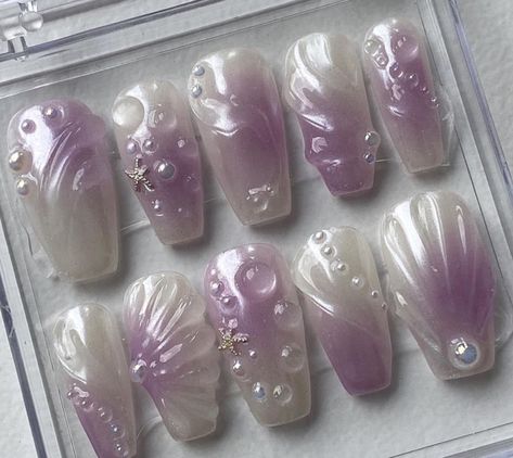 Blurple Aesthetic, Purple Fairy Nails, Purple Mermaid Nails, Neutral Nails Acrylic, Seashell Nails, Purple Nail Art, Subtle Nails, Mermaid Nails, Cute Gel Nails