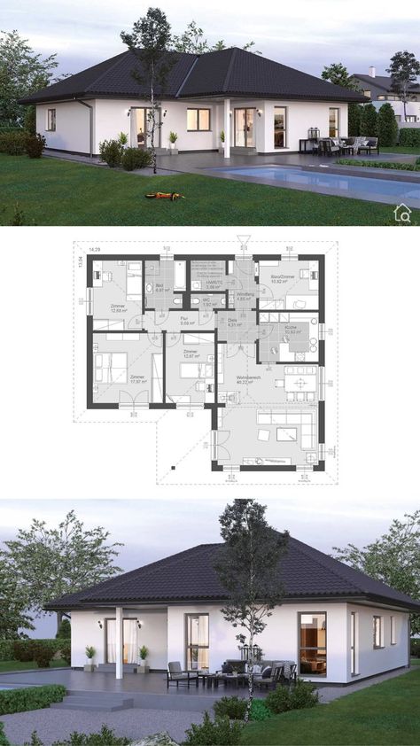 House Layout Plans 4 Bedroom Modern, Large Bungalow Floor Plans, Hip Roof Bungalow Exterior, House Design Plans One Floor 4 Bedrooms, L Design House, Bungalow Floor Plans 4 Bedroom, House Floor Plans 4 Bedroom One Level, One Floor House Design Modern Exterior, 4bedroom House Plans Modern Bungalow