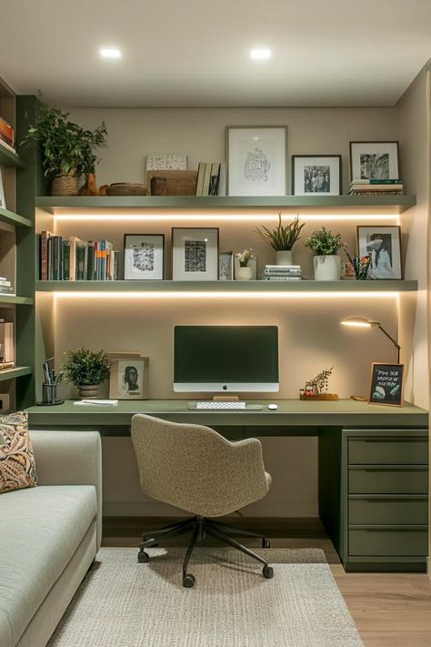 spacesaving, compact office, design solutions Shelves With Lighting, Office Interior Designs, Compact Office, Modern Office Interior, Small Office Design, Comfortable Workspace, Modern Office Interiors, Office Interior Design Modern, Built In Shelves