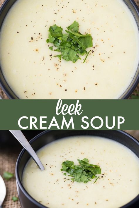 Leek Cream Soup - Smooth, creamy and full of delicious flavour! Cream Of Leek Soup, Cream Soup Recipe, Creamy Vegetable Soup, Lunch Soup, Leeks Soup Recipes, Cream Soup Recipes, Simply Stacie, Vegetable Soup Recipe, Homemade Soup Recipe