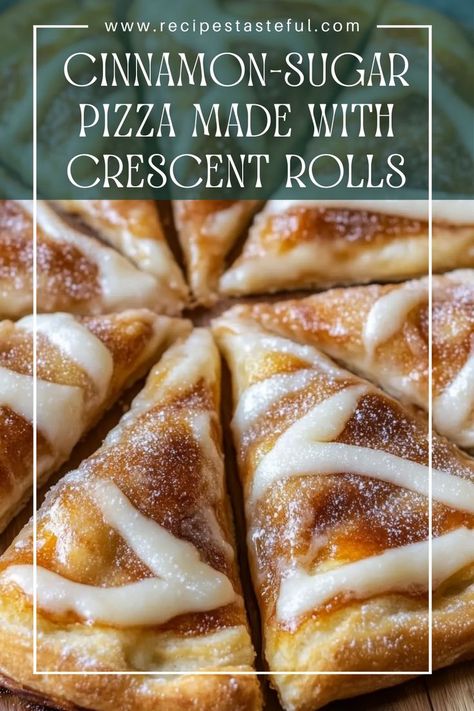 This easy and delightful dessert features a flaky crescent roll crust topped with a rich cinnamon-sugar mixture. Perfect for a quick treat or a cozy gathering, this Cinnamon-Sugar Pizza will satisfy your sweet tooth in no time! Cinnamon Pizza With Crescent Rolls, Dessert Cinnamon Crescent Rolls, Cinnamon Stromboli Pizza Inn, Cinnamon Crescent Roll Pizza, Cinnamon-sugar Pizza With Crescent Rolls, Cinnamon Sugar Cresent Roll Pizza, Cinnamon Crescent Roll Recipes, Dessert Recipes With Crescent Roll Dough, Pizza Inn Cinnamon Stromboli Recipe