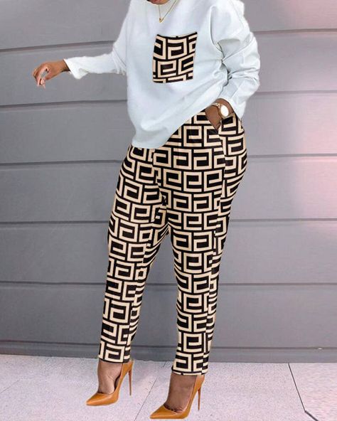 f016e59c7ad8b1d72903bb1aa5720d53desc48565719ri Long Pants Casual, Afro Fashion, Leopard Print Fashion, African Traditions, White Fashion Casual, Fall Pants, Plus Size Two Piece, Matching Sweatshirts, Two Piece Pants Set