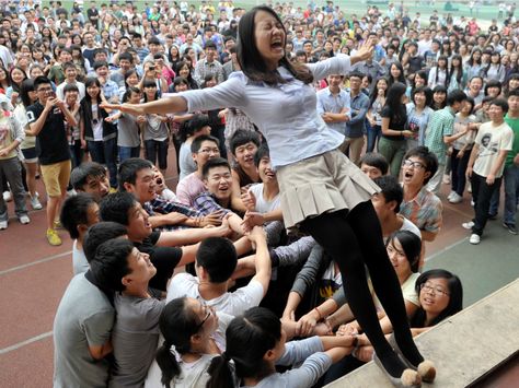 It's not all work. Leading up to the exam, students and teachers take part in pressure-release activities, like this trust-fall. Trust Fall, Fall Activity, Fall Photography, School Photography, Maybe Someday, Youth Group, Autumn Activities, Pose Reference Photo, Group Photos