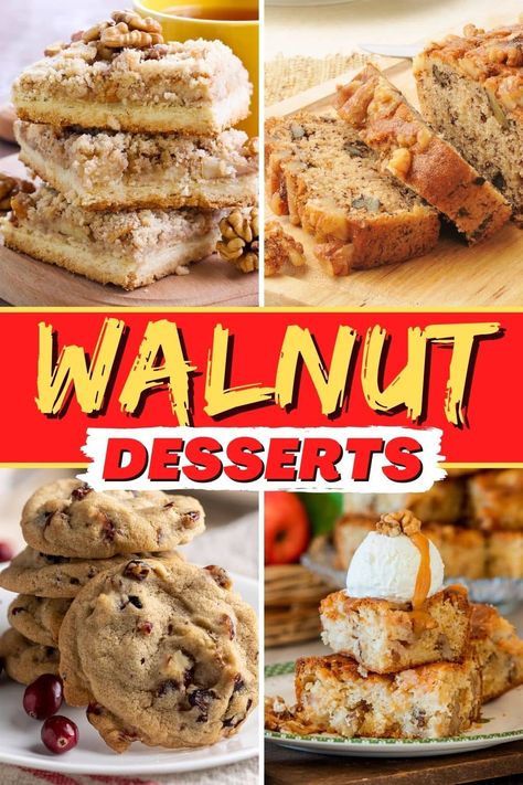 These walnut desserts are full of wonderful nutty flavor. From brownies to cakes to cookies, these treats make walnuts shine. Walnut Baked Goods, Desserts With Walnuts Baking, Recipes Using Walnuts Baking, Walnut Cookies Recipes Easy, Walnut Recipes Dessert Easy, Walnut Bars Recipes, Desserts With Walnuts Recipes, Recipes With Walnuts In It, Recipes With Walnuts Baking