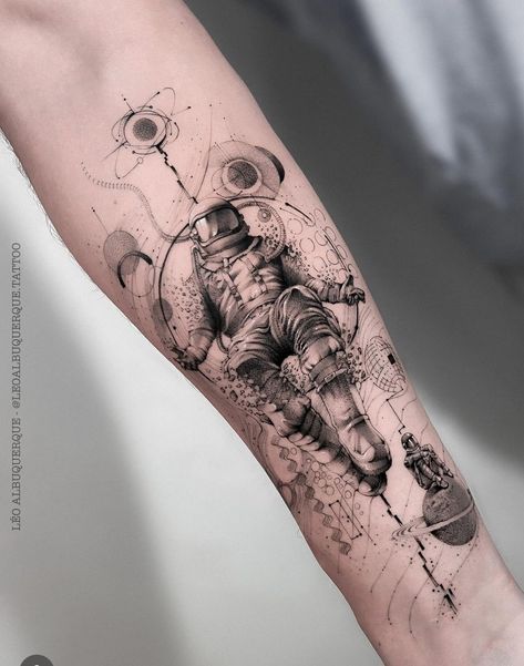 Geometric Space Tattoo, Space Themed Tattoos, Spaceman Tattoo, Tattoo Astronaut, Geometric Tattoo Sleeve, Space Tattoo Sleeve, Leg Band Tattoos, Astronomy Tattoo, Astronaut Tattoo