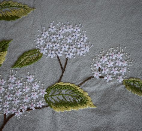 Hydrangea Embroidery Pattern, Embroidered Hydrangea, Embroidery Hydrangea, Hydrangea Embroidery, Embroidery Table Cloth, Veil Embroidery, Embroidery Table, Wedding Dress Patterns, Hand Embroidery Patterns Flowers