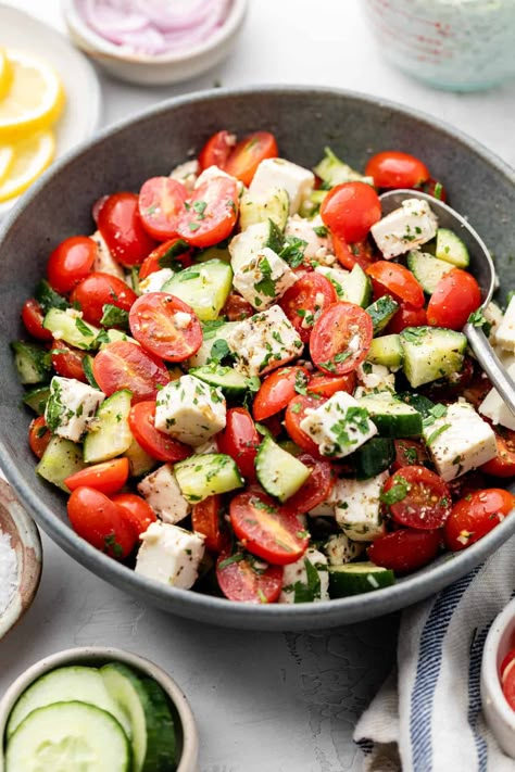 Greek Cucumber And Tomato Salad, Whipped Feta Tomato Cucumber Salad, Greek Cucumber Tomato Salad, Tomato Cucumber Feta Salad, Avocado Cucumber Tomato Salad Feta, Cucumber Tomato Feta Salad, Tomato Feta Salad, Greek Cucumber Tomato Salad Feta, Hosting Recipes