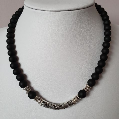 Black and silver beaded necklace with curved tube bead focal point,Black glass beaded necklace,Officewear jewellery,Gift for her Tube Bead Bracelet, Silver Beaded Necklace, Green Beaded Necklace, Golden Necklace, Black Bead Necklace, Pearl Jewelry Necklace, Bead Pendant, Bracelets Diy, Beaded Bracelets Diy