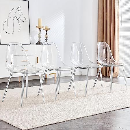 Baysitone Clear Dining Chairs Set of 4, Modern Kitchen Chairs with Transparent Seat, Acrylic Accent Side Chairs with Metal Legs for Dining Room, Kitchen, Living Room with Silver Clear Dining Chairs, Modern Kitchen Chair, Lucite Chairs, Glass Dining Table Set, Terrace Kitchen, Glass Round Dining Table, Modern Kitchen Tables, Circular Dining Table, Round Dining Room Table