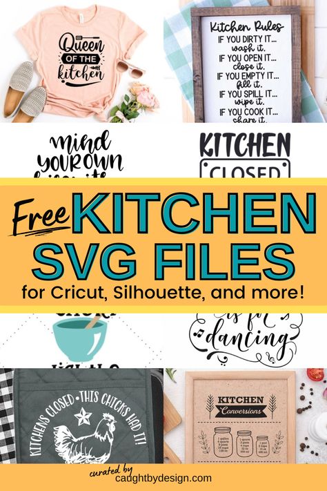 Whether you're crafting for yourself or making something to give as a gift, kitchen and other home decor items are always a popular choice. These free kitchen SVG files are sure to inspire you. Use them with your Cricut, Silhouette Cameo, Silhouette Portrait, Brother ScanNCut, Glowforge and more! Kitchen Svg Files Free, Kitchen Phrases, Art Party Decorations, Heat Transfer Vinyl Projects, Cricut Svg Files Free, Kitchen Svg, Quote Svg Files, Kitchen Rules, Silhouette Curio