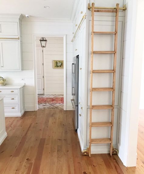 Diy Library Ladder, Tall Ceiling Kitchen, Library Ladders, Kitchen Ladder, Tall Kitchen Cabinets, Floor To Ceiling Cabinets, Rolling Ladder, Ladder Storage, Library Ladder